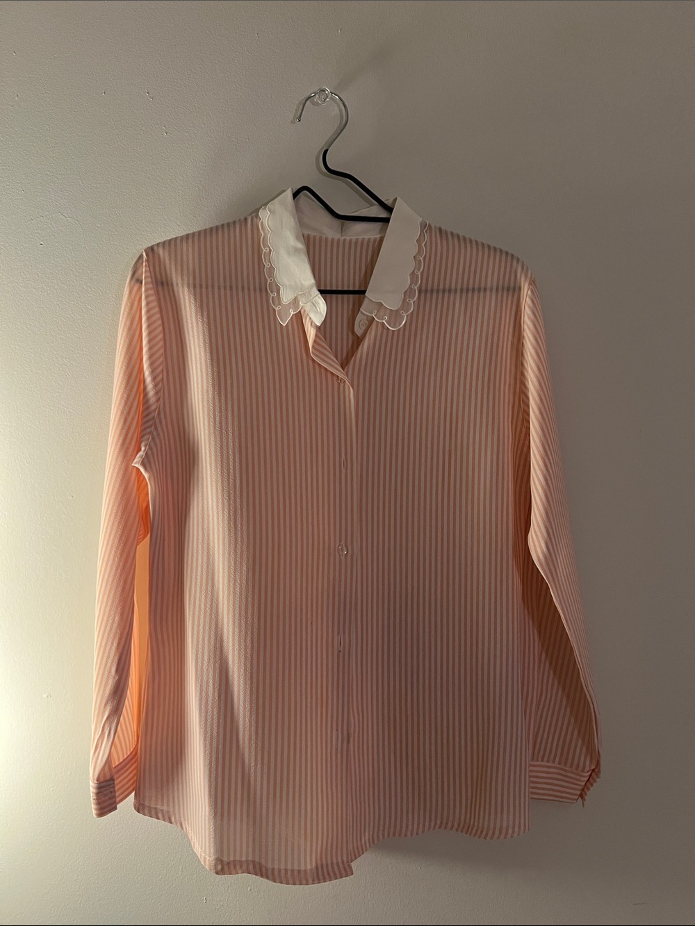 Striped Peach Button-Up Blouse with White Scalloped Collar